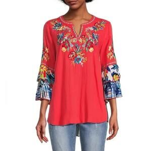 John Mark Floral Embroidered Split Neck Ruffled 3/4 Sleeve Tunic Red Size Small